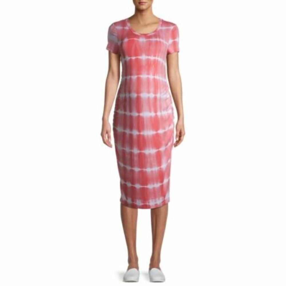 Time and Tru Maternity Womens L Pink Tie Dye Midi Dress Short Sleeve Casual